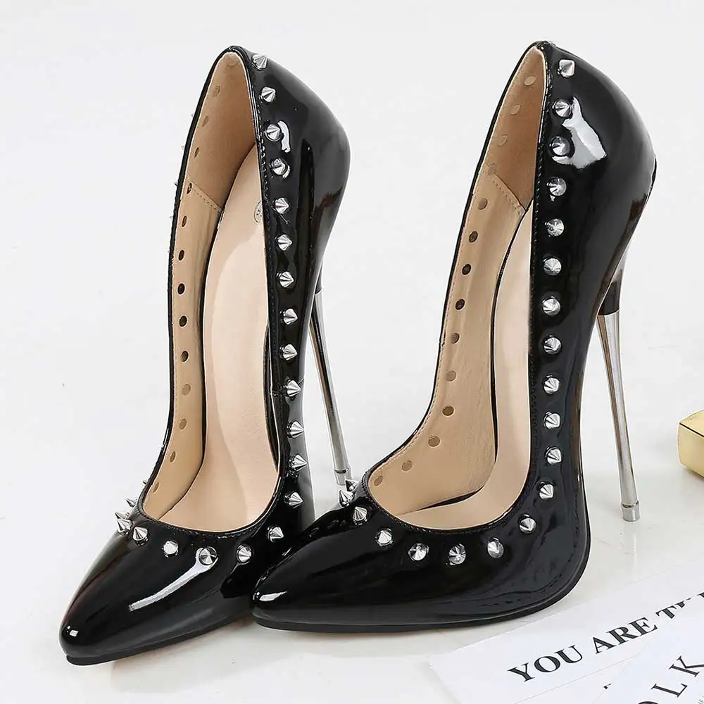 Tikicup 16cm Ultra High Heels Women Punk Spikes Wild Patent Metal Stiletto Pumps Sexy Rivets Crossdress Shoes Plus Size 35-46