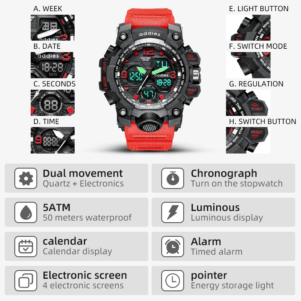 ADDIES Brand Men Digital Watch Military Sports Style Watches Fashion Waterproof Electronic Wristwatch Mens 2021 Relogios