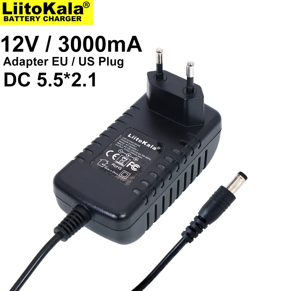 Liitokala 12V 3A adapter power supply monitor door DC 5.5 * 2.1mm EU/US plug INPUT AC 100-240V