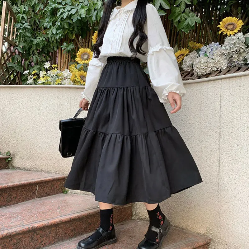 HOUZHOU Kawaii Black Long Skirt Women Japanese Lolita Cute Patchwork High Waist Loose A-line Midi Skirt Casual Autumn Soft Girl