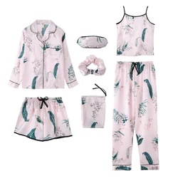 Women Pajamas Sets Spring Summer 7 Pcs Set Silk Print Shorts Long Sleeve Top Elastic Waist Pants Full Lounge Sleepwear Nightwear