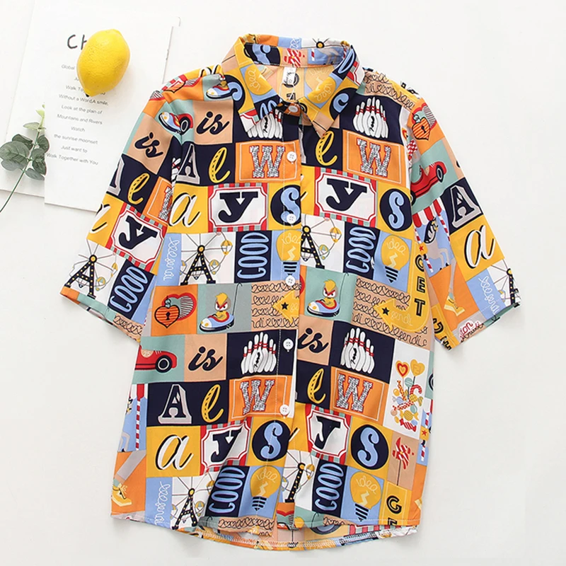 2021 Woman Summer Loose Letter Checkered Colorful Printing  Short Sleeve Shirt