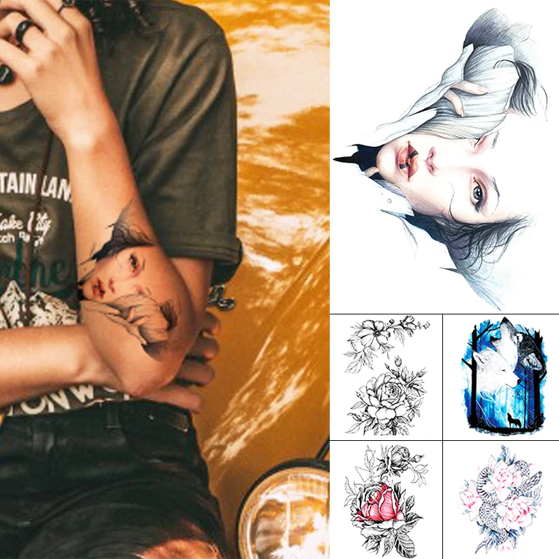 

Waterproof Temporary Tattoo Sticker Girl Sketch Flash Tattoos Snake Peony Flower Body Art Arm Fake Tatoo Women Men