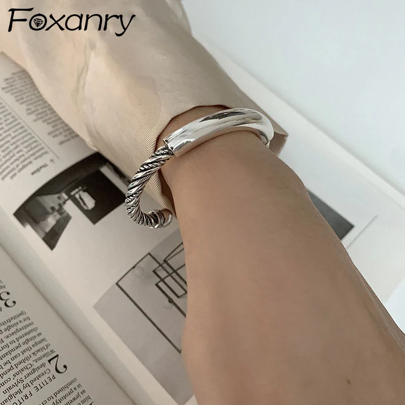 Foxanry Silver Color Couples Bracelet for Women New Trendy Elegant Vintage Simple Twist Glossy Jewelry Birthday Gifts