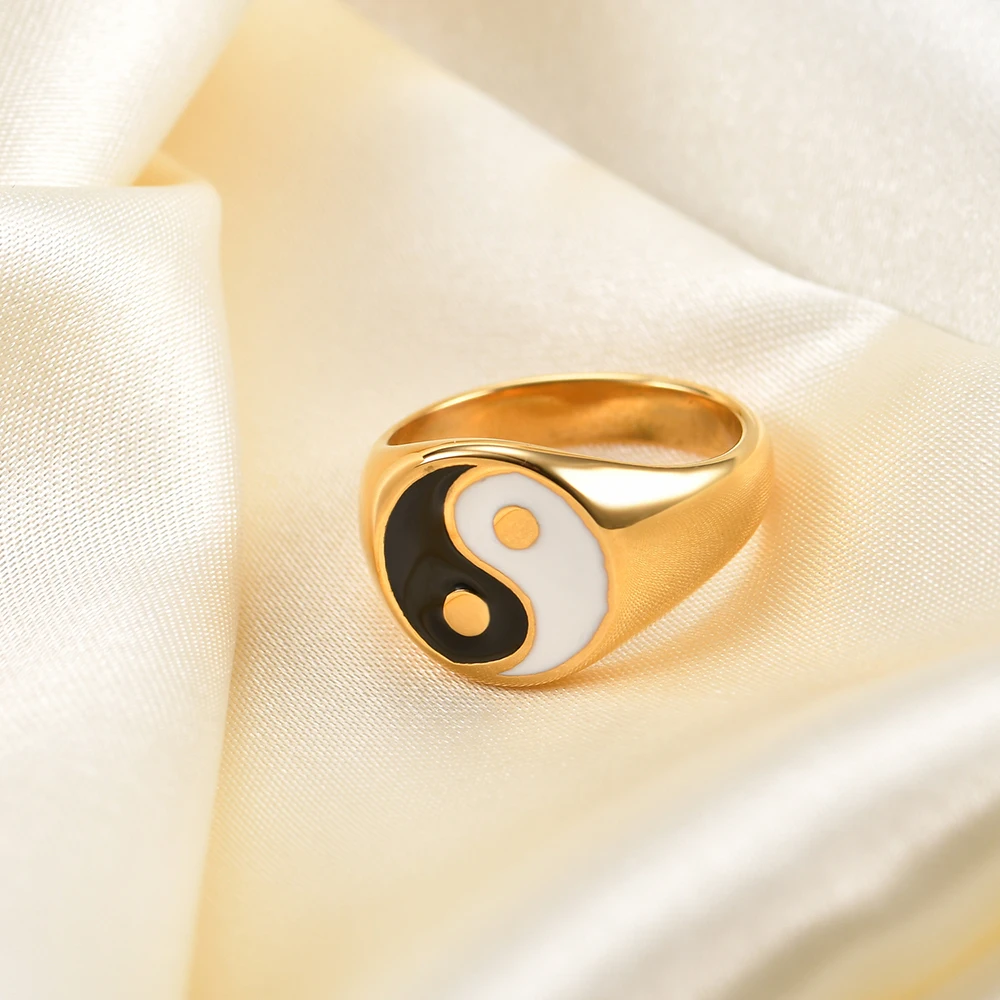 Vintage Bagua Yin Yang Tai Chi Rings For Women Girl Cute Delicate Enamel Colour Temperament Stainless Steel Ring Trendy Jewelry