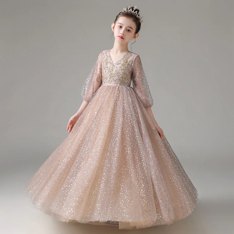 

Champagne Pageant Dress Sequin Kids Party First Bridesmaid Dresses For Girls Children Costume Wedding Dress Girl Evening Vestido