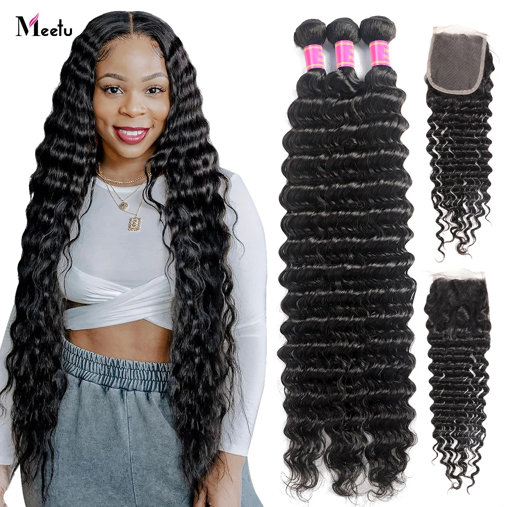 Meetu Deep Wave Bundles With Closure 5x5 Transparent Lace Closure With Bundles Brazilian Curly Human Hair Bundles With Closure