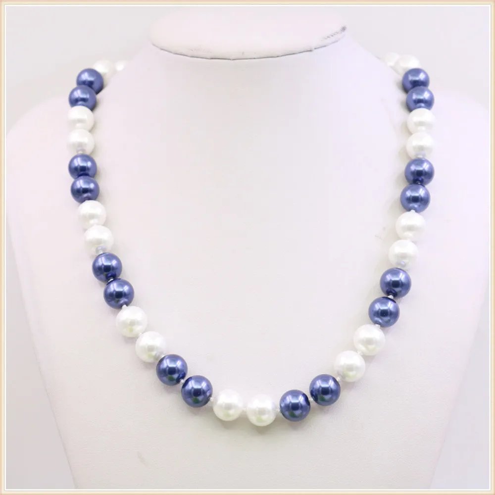 Fashion 2color White Blue Multicoor 10mm Round Shell Pearl Necklace Knotted Between Every Beads Hand Made Jewelry Making Design