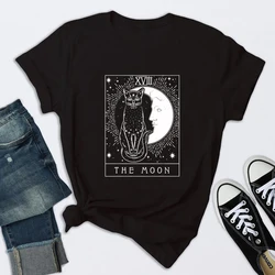 The Moon Tarot Card T-shirt Aesthetic Crescent Moon And Cat Graphic Tee Top Women Retro Witch Gothic Tshirt