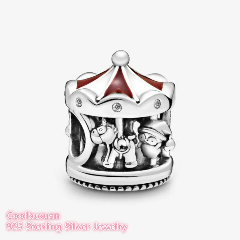 

Winter 100% Original 925 Sterling Silver Christmas Carousel Charm red and white enamel beads Fits Brand bracelets Jewelry