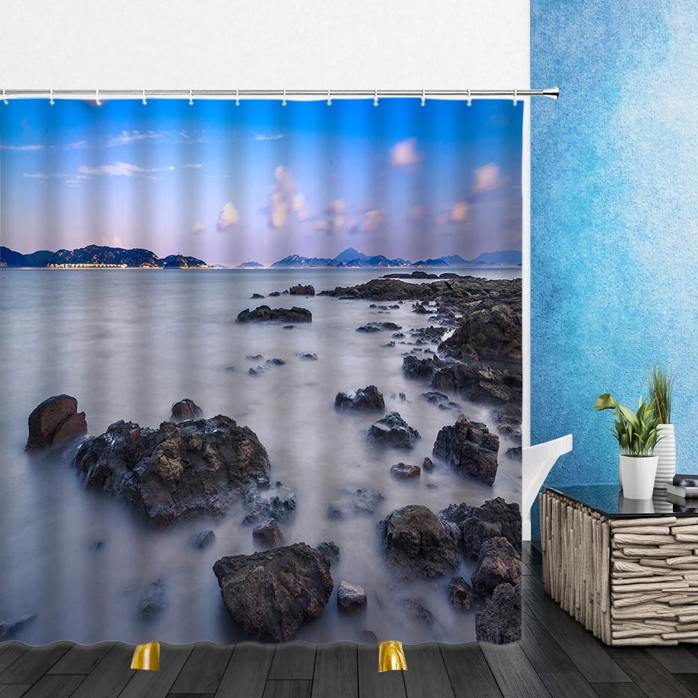 Hawaii Scenery Shower Curtains Summer Beach Island Seawater Waves 3D Bathroom Home Decor Waterproof Polyester Cloth Curtain