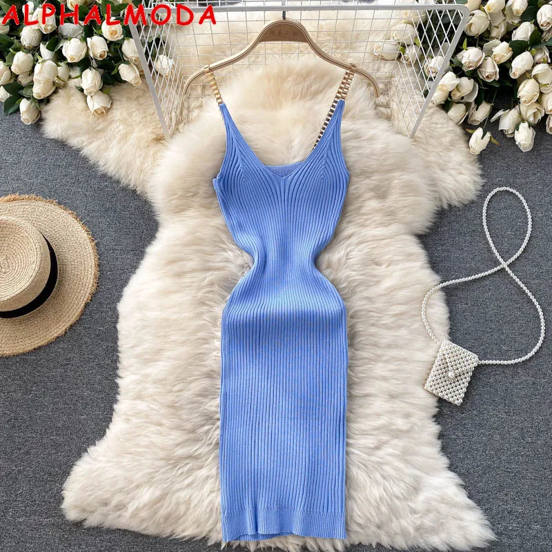 

ALPHALMODA 2021 Summer Sexy V-neck Stretch Knitting Dress Slim Fit Chain Strap Solid Women Trendy Dress Knee Length