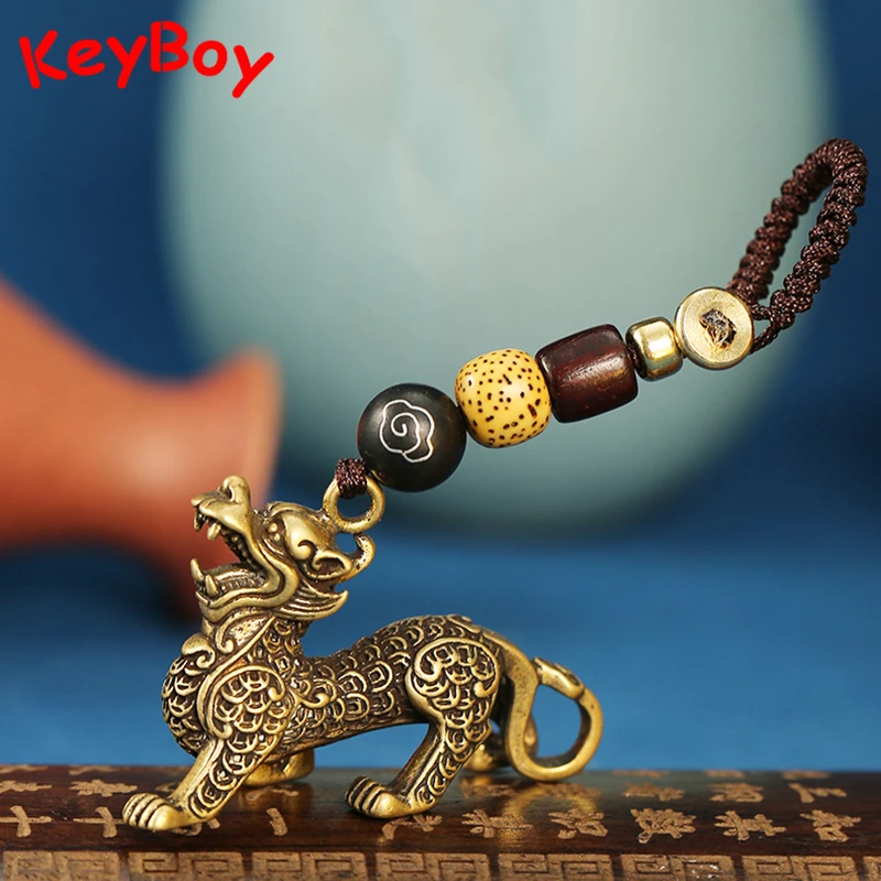 Copper Lucky Beast Kirin Keychain Chain Pendant Woven Rope Vintage Pure Brass Men Car Key Ring Hanging Decorations Birthday Gift