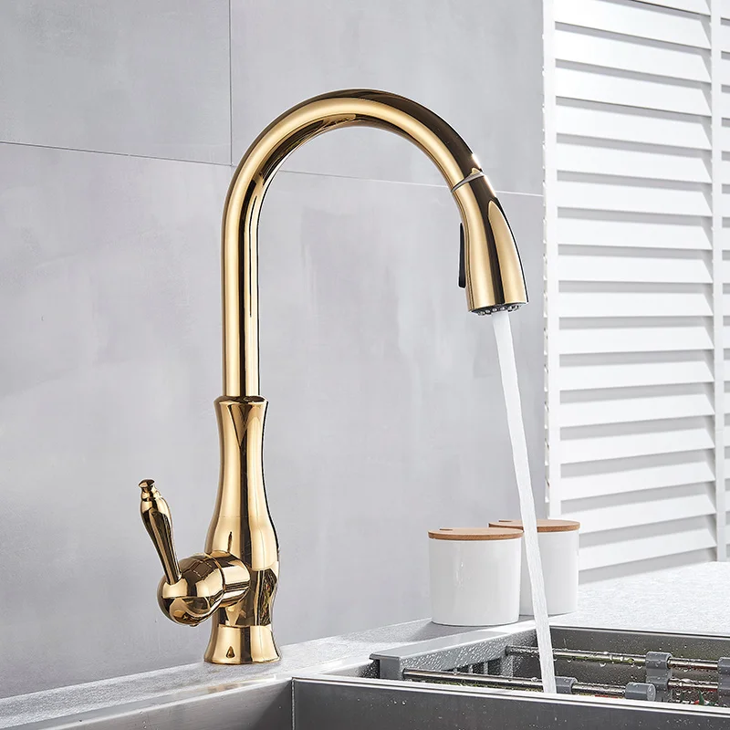 Uythner Gold Polish Draaibare Uitloop Aanrecht Kraan Pull Down Sproeier Fashion Design Badkamer Keuken Warm & Koud Water Mengkraan