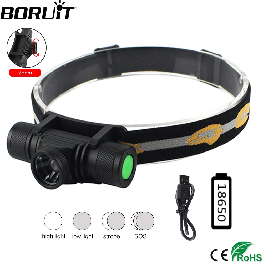 BORUiT  D20 Zoom Powerful LED Headlamp USB Rechargesble 18650 Headlight Waterproof Head Torch Camping Fishing Flashlight