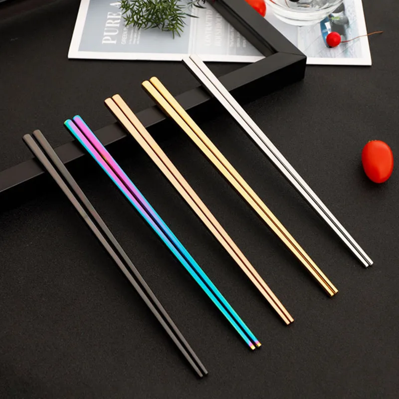 Rainbow Colors Chinese Chopsticks Reusable 304 Stainless Steel Square Tableware Sushi Noodle Food Household Kitchen Tools