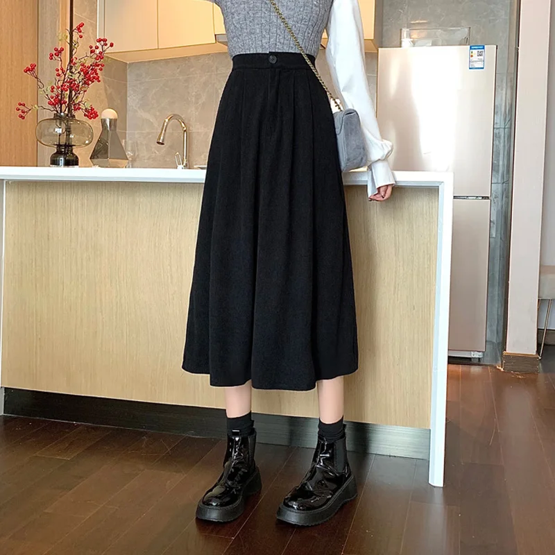 New Vintage Corduroy Pleated Skirt Women Thick Autumn Winter Skirt Korean Fashion High Waist Velvet Mid Long A-Line Skirt Female