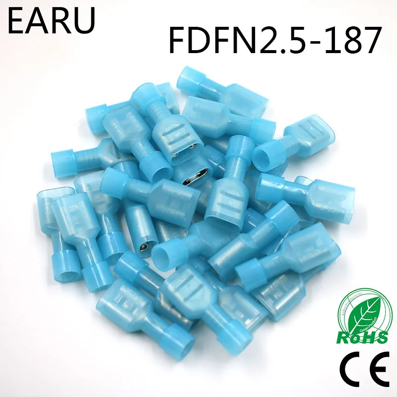 FDFN2-187 FDFN2.5-187 NYLON mosiądz kobieta izolowane Spade wspólne złącze przewodu kablowego 100 sztuk 1.5-2.5mm2 16-14AWG FDFN wtyczka