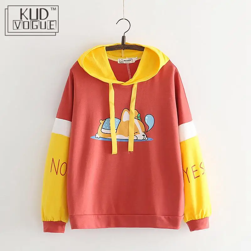 Kawaii Sweatshirts Women Girls Pullovers Sweet Teens Tops Cartoon Animal Corgi Dog Hooded Long-Sleeve Female Hoody Spring Autumn