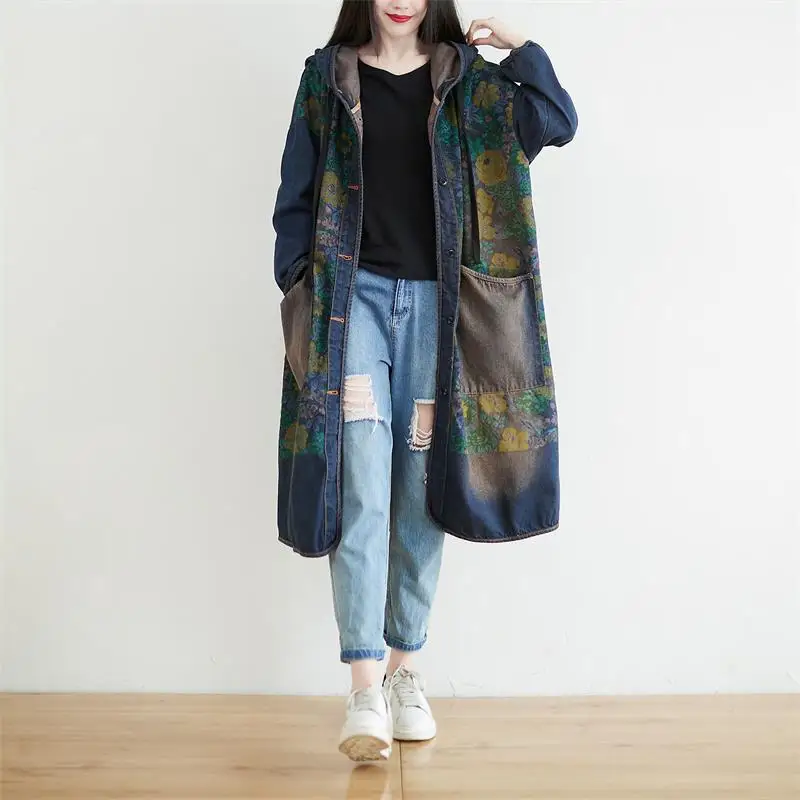 Female new autumn Retro literary plus size hooded outerwear washed single-breasted M-long slim casual loose denim trench