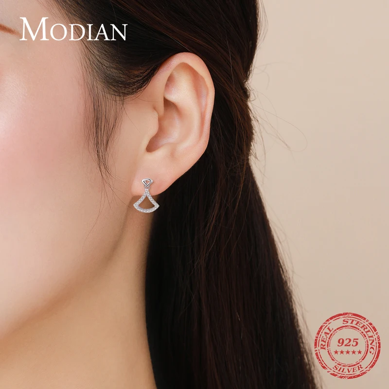 Modian 925 Sterling Silver Simple Geometric Sector Stud Earrings for Women Dazzling Clear CZ Fine Elegant Wedding Jewelry