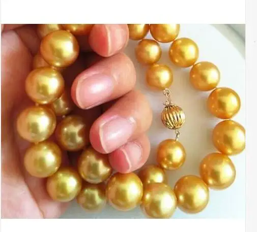 elegant round 13-15mm south sea gold pearl necklace 18inch 14K Gold Clasp KKK