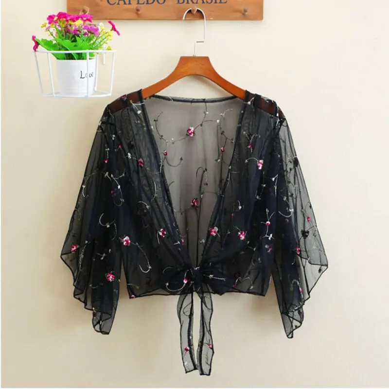 Womens Tops And Blouses Summer Floral Blouse Shirt Cardigan Thin Outwear Hollow Out Blouse Cover Up Blusas Femininas Elegante