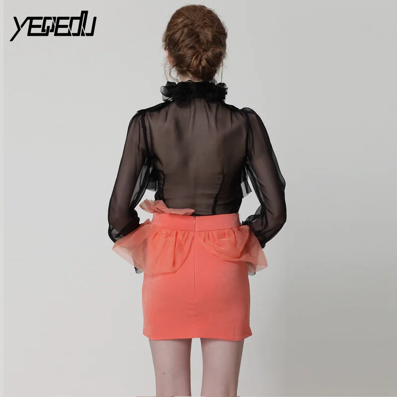 #2812 Summer Sexy Office Lady High Neck Chiffon See Through Blouse Women Black/Beige Shirt Blouse Flare Sleeve Runway Tops