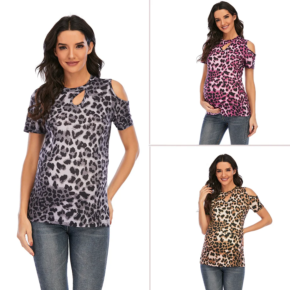 

2022 Women's Maternity T-Shirt Clothes for Pregnant Women Plus-Size Summer O-Neck Short Sleeve Leopard Printed Pregnancy Tops