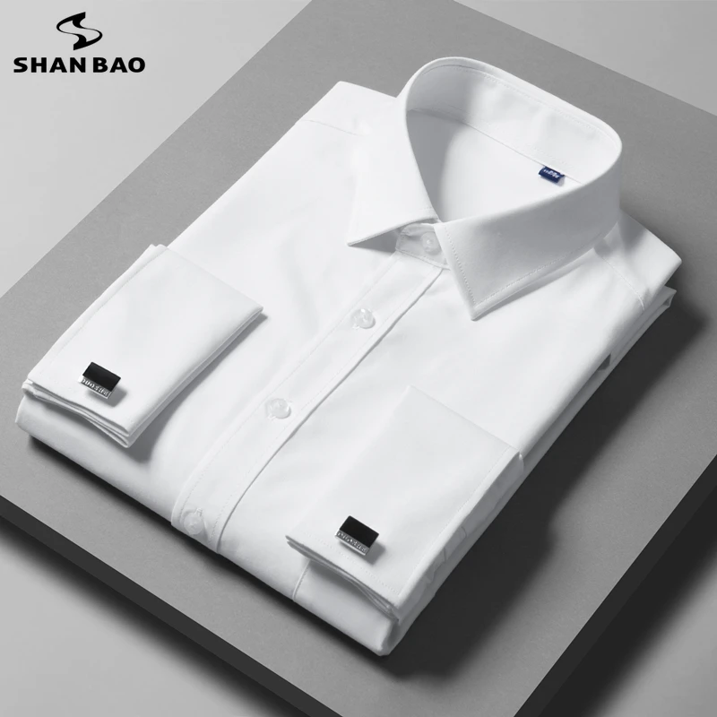 

SHAN BAO Luxury high-quality bamboo fiber men's party shirt 2021 french classic brand cuff business gentleman casual shirt White