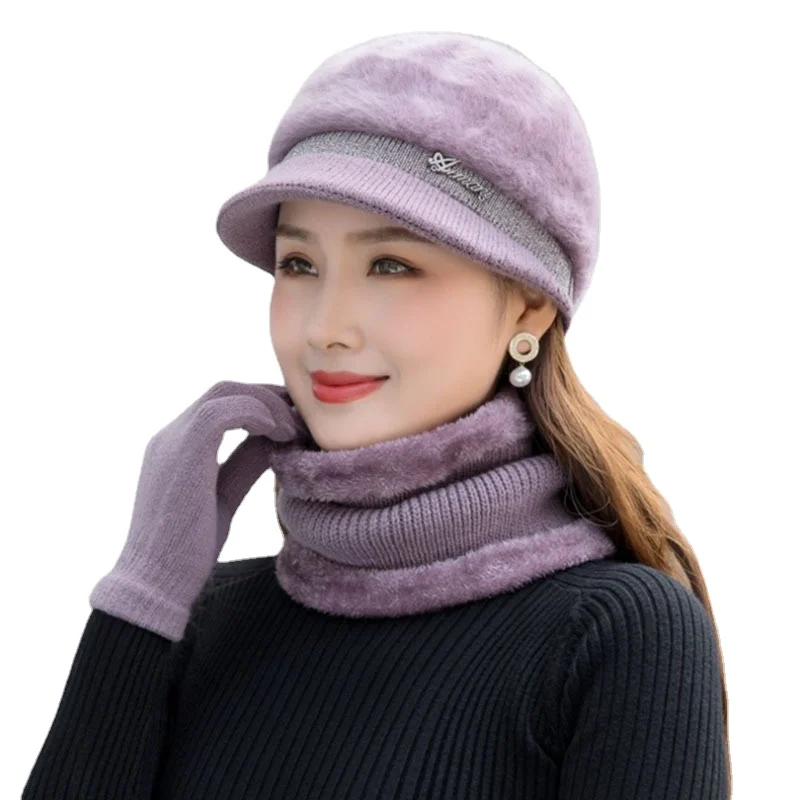 Autumn Winter Hats For Women Rabbit Fur Knitted Hats, Bibs, Gloves, 3-Piece Set, Outdoor Outing, Cycling, Ski Hat