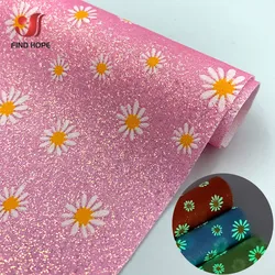 A4 20*30CM Glow in the dark Daisy Floral Printed Fine Glitter Faux Leather Sewing Fabric Sparkle DIY Craft Brooch Bows Earring