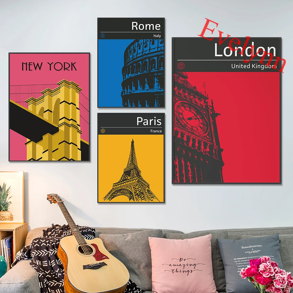 Nordic Wall Art New York,London,Paris,Rome Prints Poster, Modern Travel Art Canvas Painting Home Decor Modular Pictures Frame