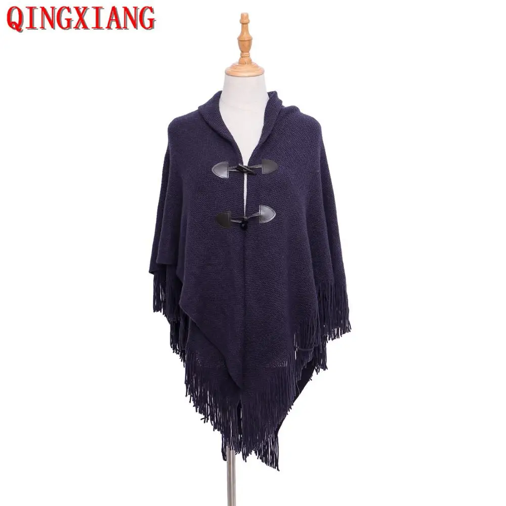 9 Colors Loose Cape Autumn Women Knitted Horn Buckle Cardigans Shawl Triangle Tassel  Vintage Out Streetwear Thick Warm Knitwear