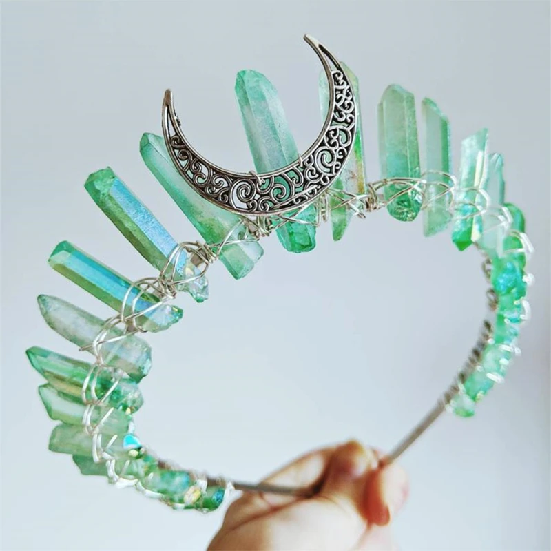 Natural Crystal Tiara Moon Crown for Women Headwear Wizard Hair Accessories Handmade Bridal Headband Fashion Jewelry Party Gifts