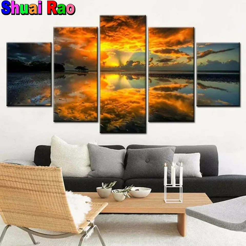 

5 Panel Sunrise lake scenery 5D diy diamond painting stitch mosaic full drill daybreak landscape set diamond embroidery gift Art