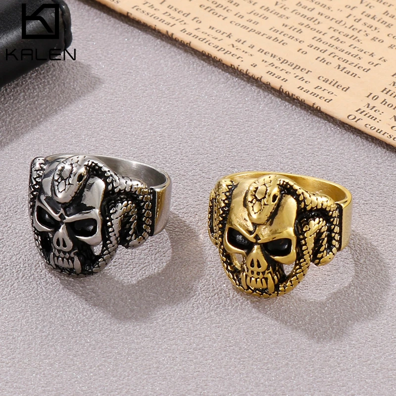 Fashion Stainless Steel Gothic Skull Ring For Men Snake Entwining Skeleton Punk Hip Hop Cool Boy Vintage Jewelry Creativity Gift
