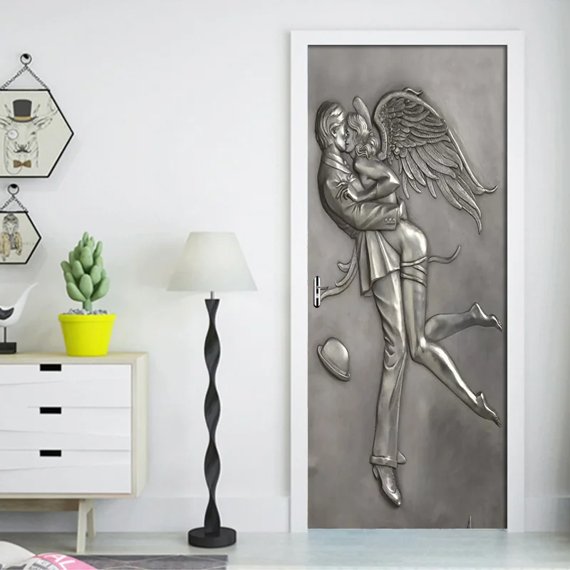 Embossed Couple Angel Bedroom Door Decoration Stickers Creative DIY Self-adhesive Wall Mural Wallpaper For Living Room 3D Decals