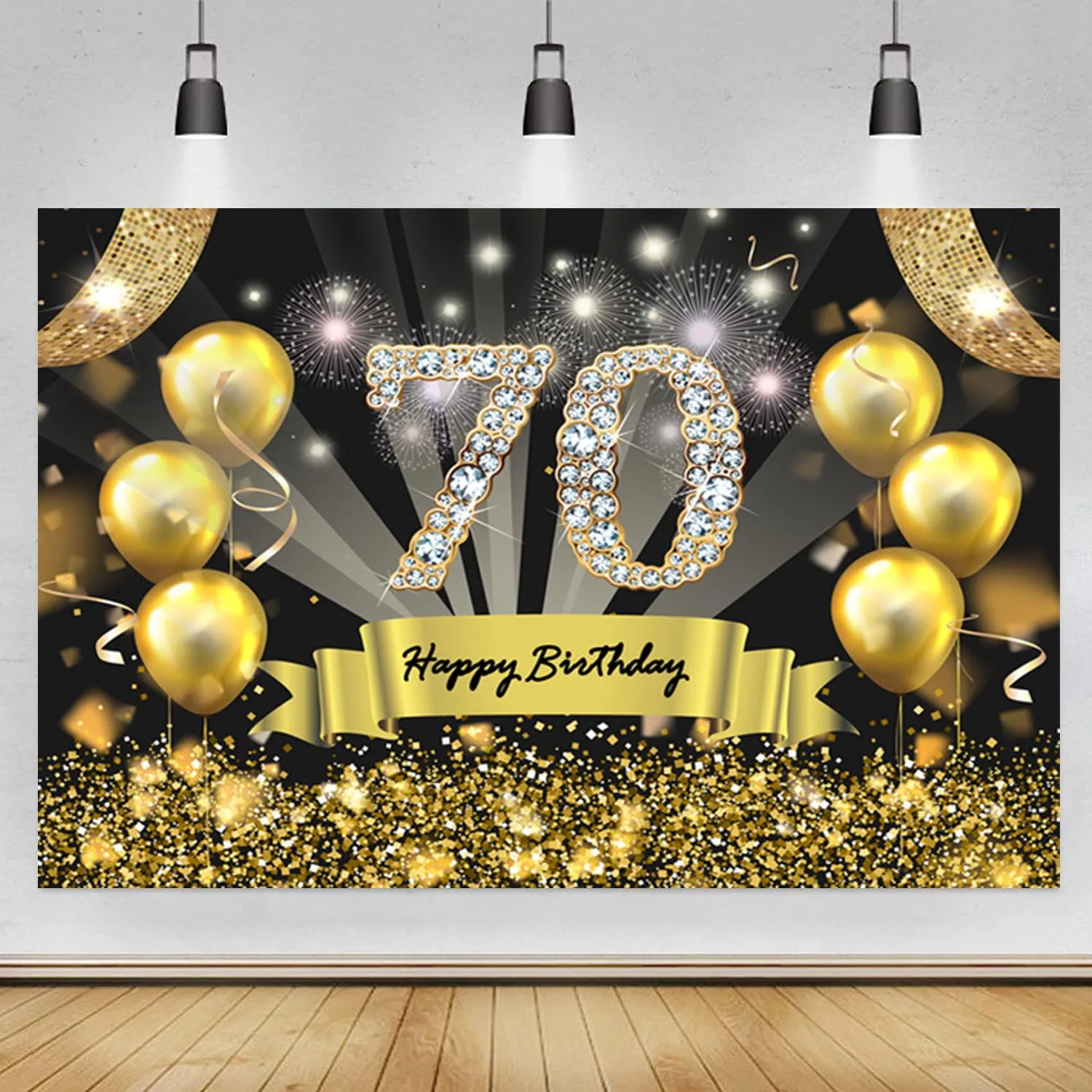 Happy 70th Birthday Backdrop Black Gold Glitter Men Women Seventy Birthday Party Banner Photography Background Photo Booth Props
