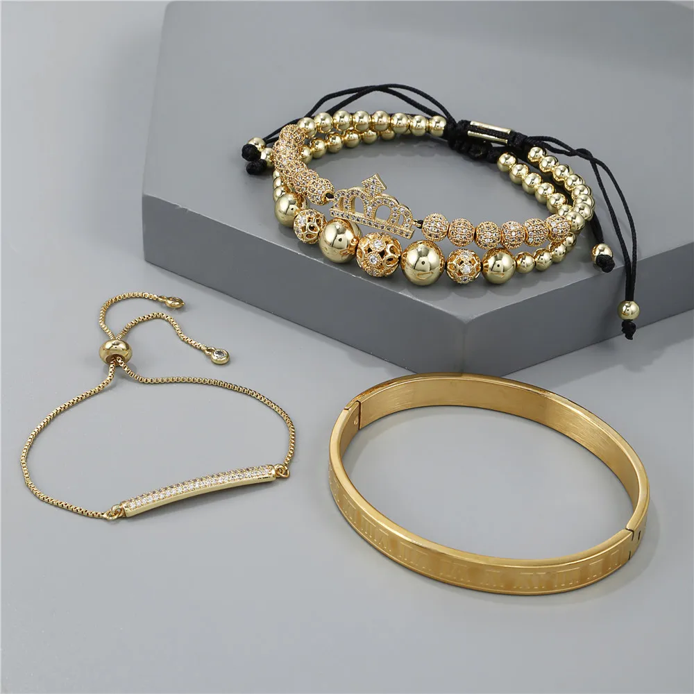 

Luxury King Queen CZ Crown Bracelet Sets Stainless Steel Bangle Copper Beads Charms Bracelets Bangles Sets for Men Women Jewelry