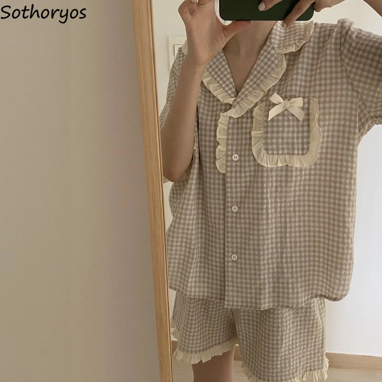 

Women Pajama Sets Short Sleeve Plaid Bow Ruffles Designed Teens Sweet Kawaii Korean Style Loose Casual Cozy Sleepwear M-3XL Chic