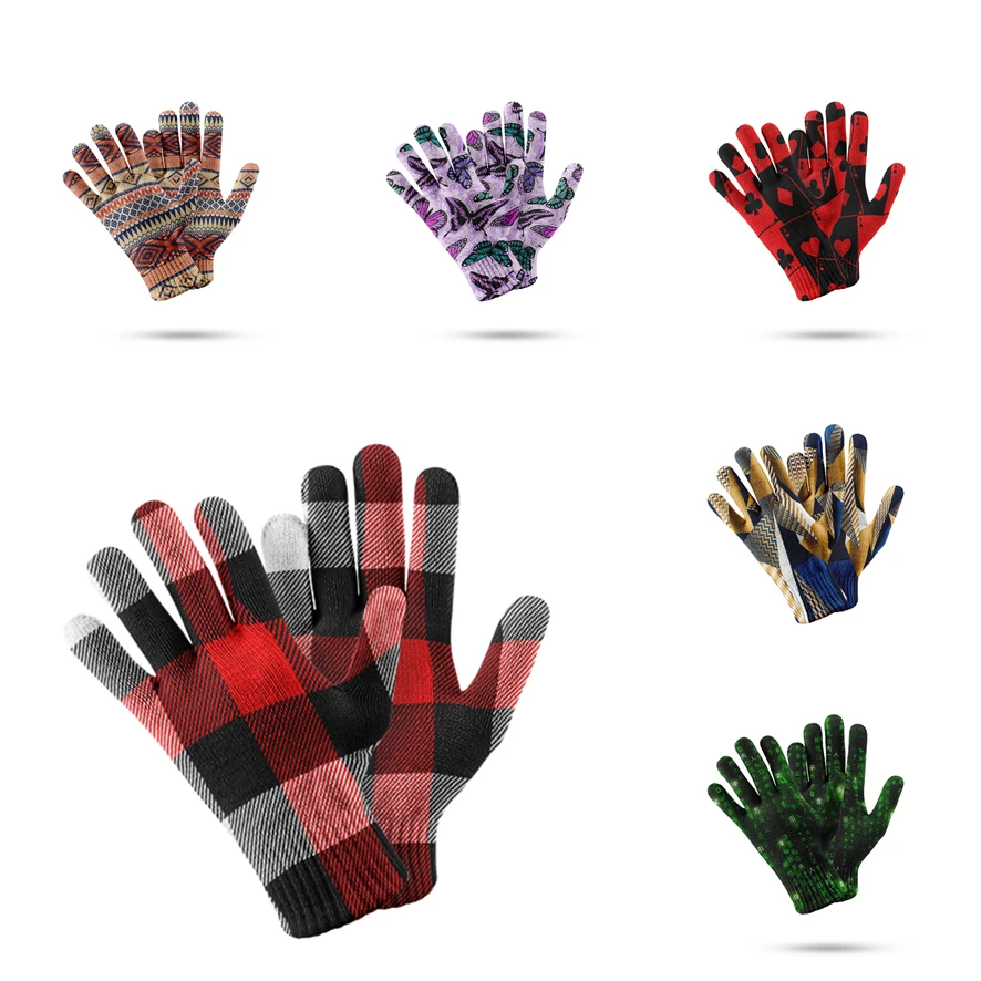 Guantes cálidos con patrón de cuadros impresos en 3d para mujer, manopla de cinco dedos para pantalla táctil de teléfono móvil, guante