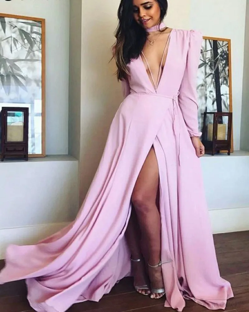 Charming Pink Long Prom Dresses 2024 Sexy Slit Vestidos De Fiesta Largo De Gala Deep V Neck Sleeves Evening Party Gowns