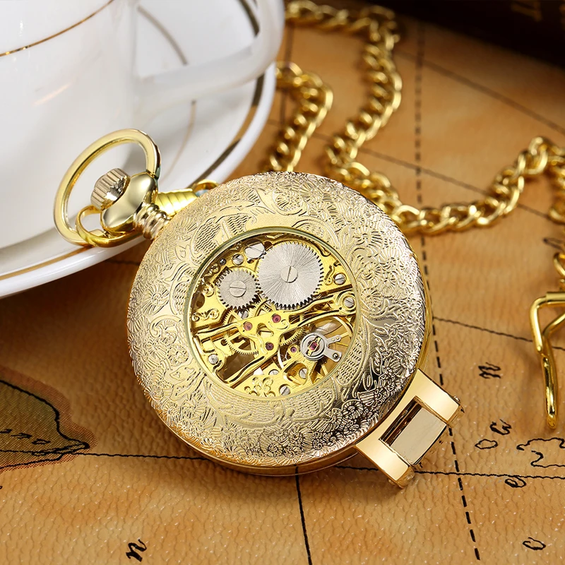 Reloj de bolsillo mecánico automático para hombre y mujer, pulsera de mano con cadena de cuerda, dorado, Retro, antiguo