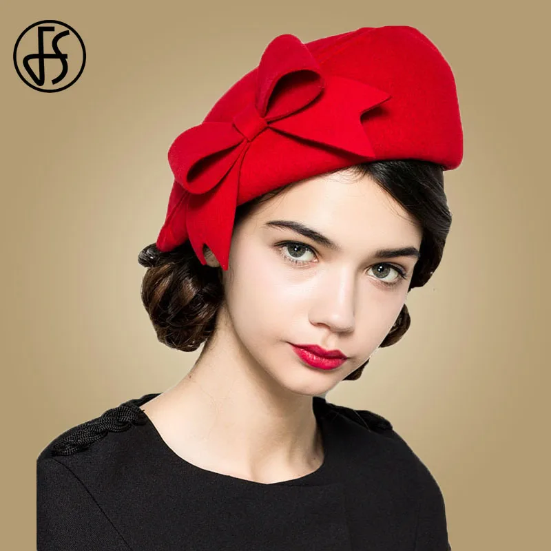 FS Elegant Beret Women\'s Wool Felt Fascinators Fedora Red Church Hats White Black Wedding Ladies Hat Bow Caps Pillbox Hat Korean