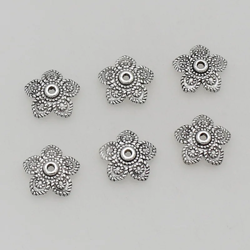 100pcs/lot Pretty Antique Silver 5 Leaves Flower Bead Caps Receptacles 11mm Manual Beading End Cap Spacer DIY Jewelry Findings