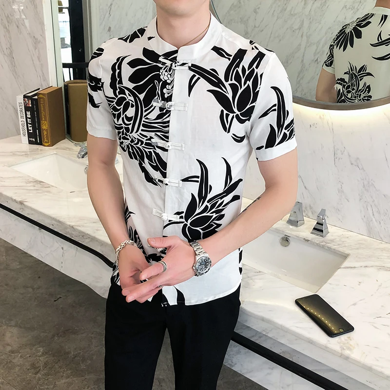 

High Camisa Masculina Quality Summer Fashion Chinese Style Plate Button Printing Short Sleeve Shirt Slim Fit Shirt Men Clothes