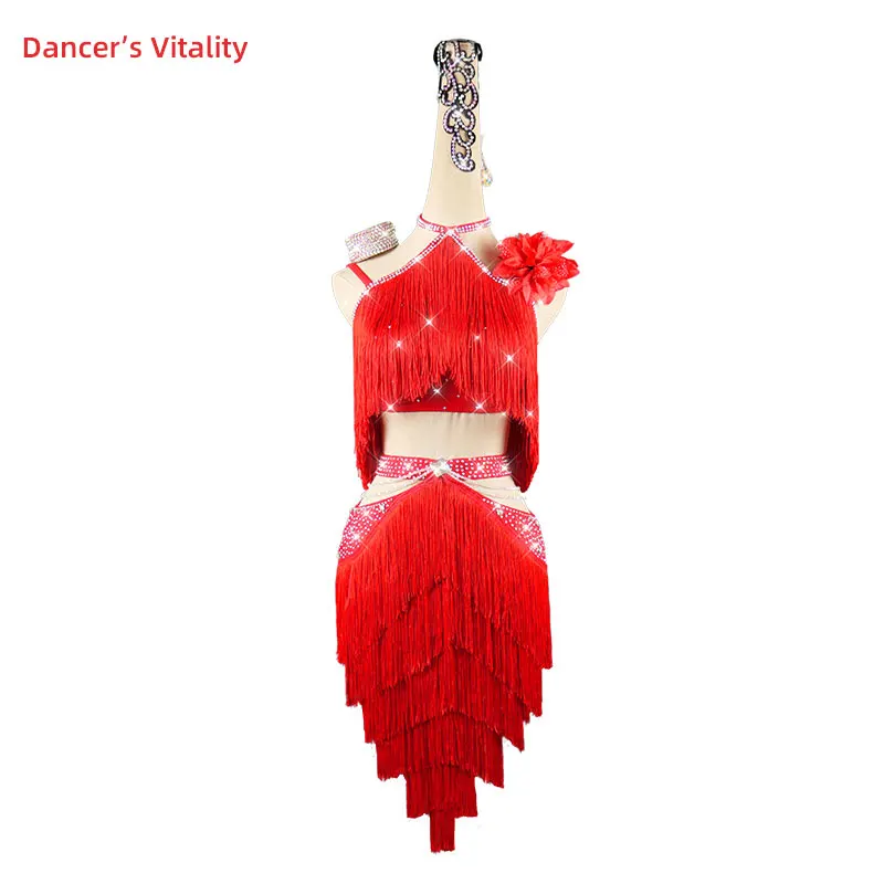 

Latin Dance Dress Tassel stones Skirt Performance Clothing Custom Female Adult Child Competition Clothes latin dance Suit