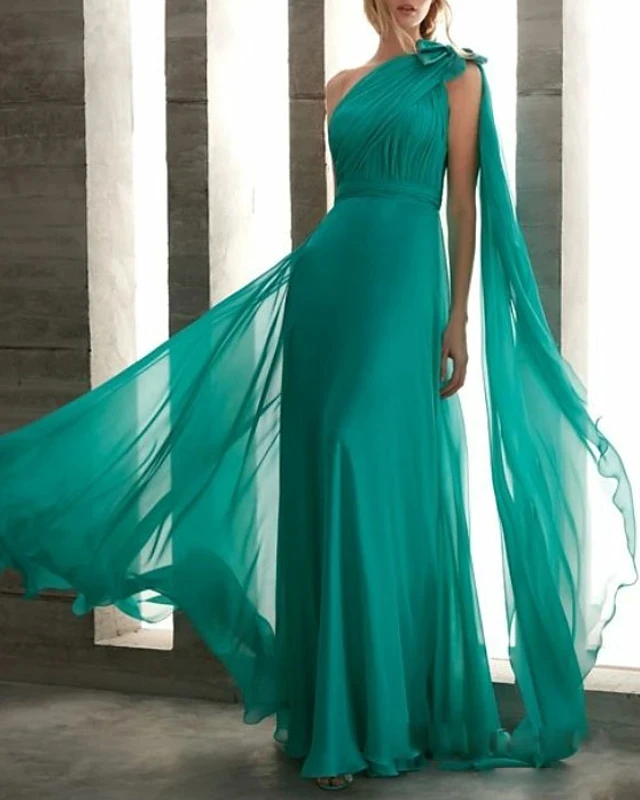 

Elegant Turquoise Teal Formal Evening Dress One Shoulder Sleeveless Long Chiffon with Bow Banquet Gown robe de soriee