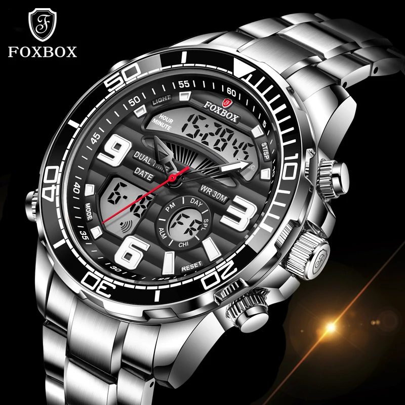 Mens Watches 2022 New FOXBOX Dual Display Stainless Steel Sport Wrist Watch For Men Waterproof Date Clock Relogio Masculino+Box